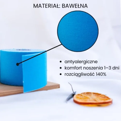 Zbliżenie na naturalną bawełnę w tejpach 5e FACE w kolorze niebieskim